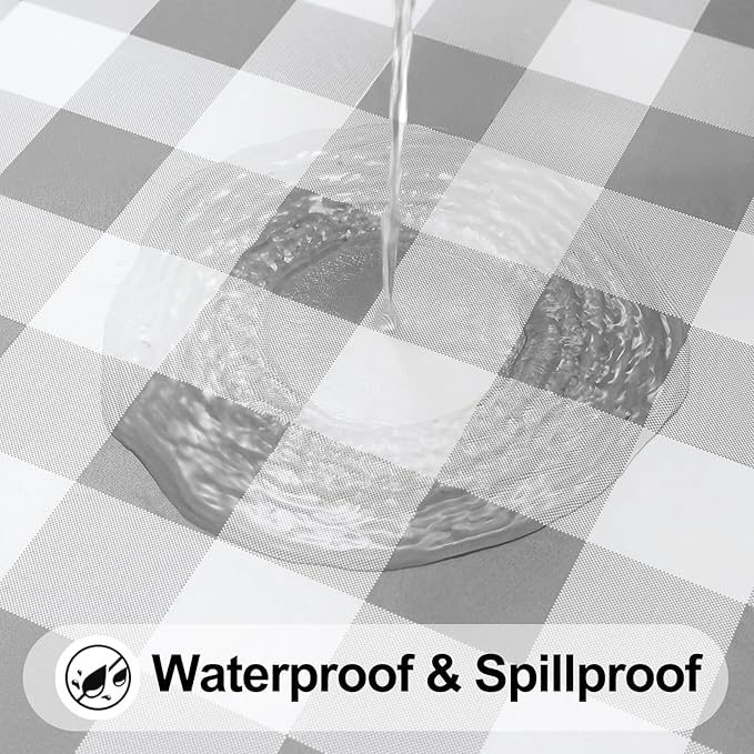 Smiry Rectangle Picnic Table Cloth, Elastic Waterproof Fitted Vinyl Tablecloths, Flannel Backed Buffalo Plaid Table Covers for Dining, Camping, Outdoor (White and Grey, 36" x 96")
