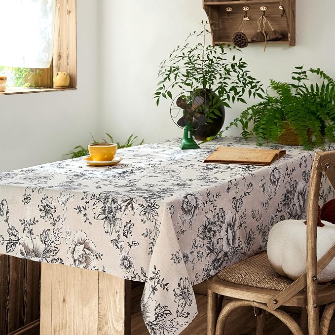 jinchan Black Floral Linen Blend Rectangle Table Cloth 52 x 70 Inch | Farmhouse by JINCHAN