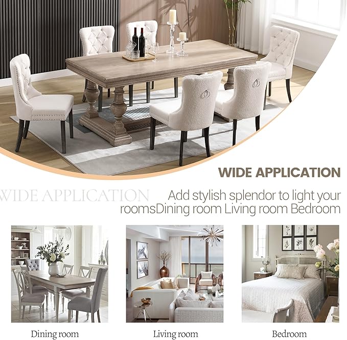 KCC Boucle Dining Chairs Set of 4, Upholstered High-end Tufted Dining Room Chair with Nailhead Back Ring Pull Trim Solid Wood Legs, Contemporary Nikki Collection Modern Style for Kitchen, Cream