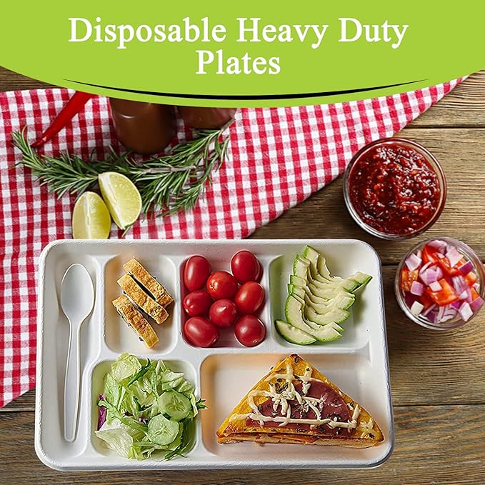 three leaf 6 COMPARTMENT BAGASSE TRAY 150 Ct. Heavy-Duty- Super Strong- Natural- Eco-Friendly Disposable Bagasse Plates, 100% Biodegradable 6 Compartment meal Plates