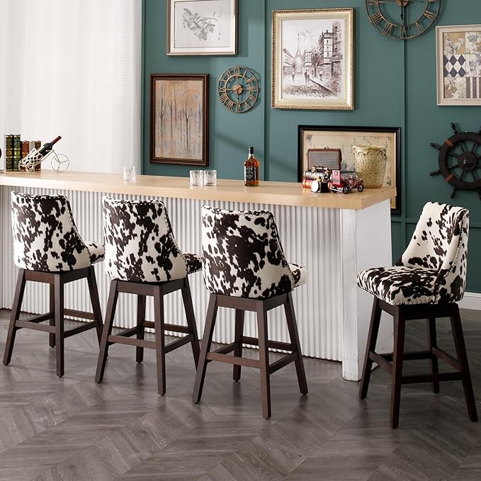 Counter Height Bar Stools Set of 2, Velvet Swivel Kitchen Stool Chairs with Back Mid Century Modern Barstool with Distressed Wood Legs for Dining Bar, Cow