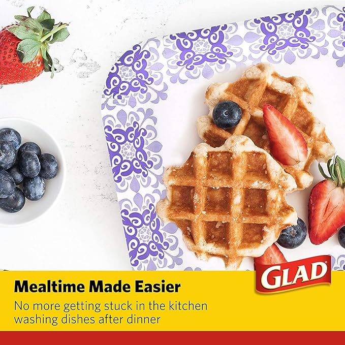 Glad Square Disposable Paper Plates, Purple Victorian Pattern - Strong, Sturdy, Soak Proof, and Microwavable Decorative Plates for Dinner and Everyday Use, 8.5 Inch, 50 Count - 12 Pack