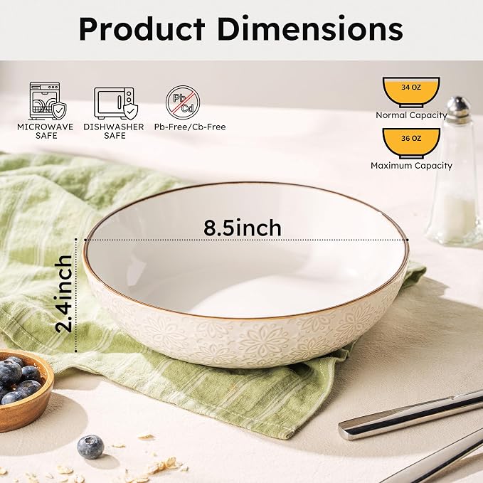 36 oz Pasta Bowl Set of 4 with Embossed Reactive Glaze, 8.5" Arctic white - Image 2