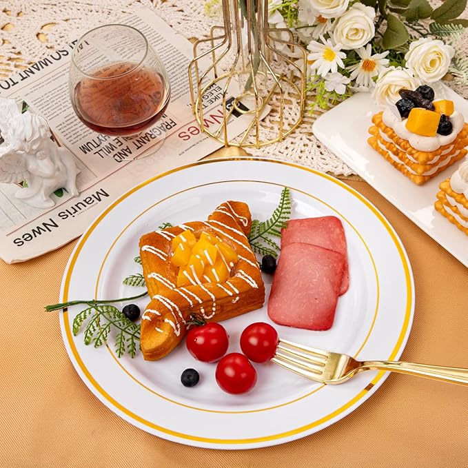 bUCLA 100Pieces Gold Plastic Dinner Plates - 10.25inch White and Gold Plates Disposable for Party - Ideal for Wedding, Party & Daily Use