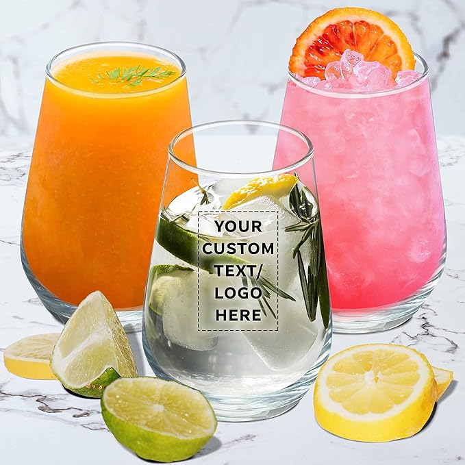 DISCOUNT PROMOS 50 Vaso Silicia Stemless Wine Glasses Set, 16 oz. - Personalized Text, Logo - Clear, Orb-Like, Thick base - Clear