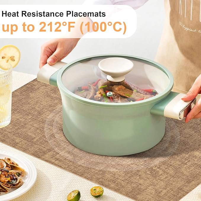 Faux Leather Placemats Set of 6, Heat Resistant Wipeable Washable Vinyl Place Mats, Waterproof Anti-Slip Dining Table Mats, Suitable for Indoor & Outdoor Use (Light Brown)
