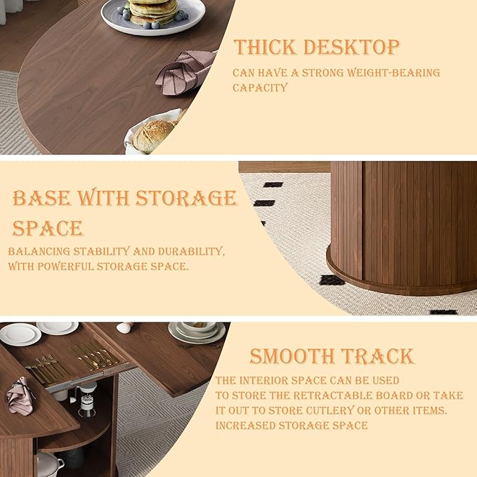 Extendable Round/Oval Dining Table Seats 2-4-6, 59" Modern Farmhouse Design with 2-Tier Storage & Fluted Slide Door, Dining Room Kitchen Furniture (Walnut, 59 inches)