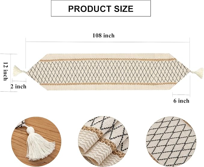 Table Runner, Boho Style with Tassels, Cotton & Linen, Farmhouse Home Decor - Image 3