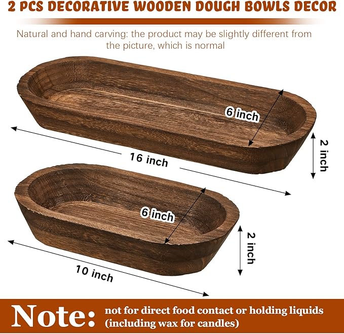 Tessco 2 Pcs Wooden Dough Bowl for Home Rustic Bread Long Wooden Bowl for Kitchen Dining Table Home Decoration(10 x 6 x 2 Inch, 16 x 6 x 2 Inch,Brown)
