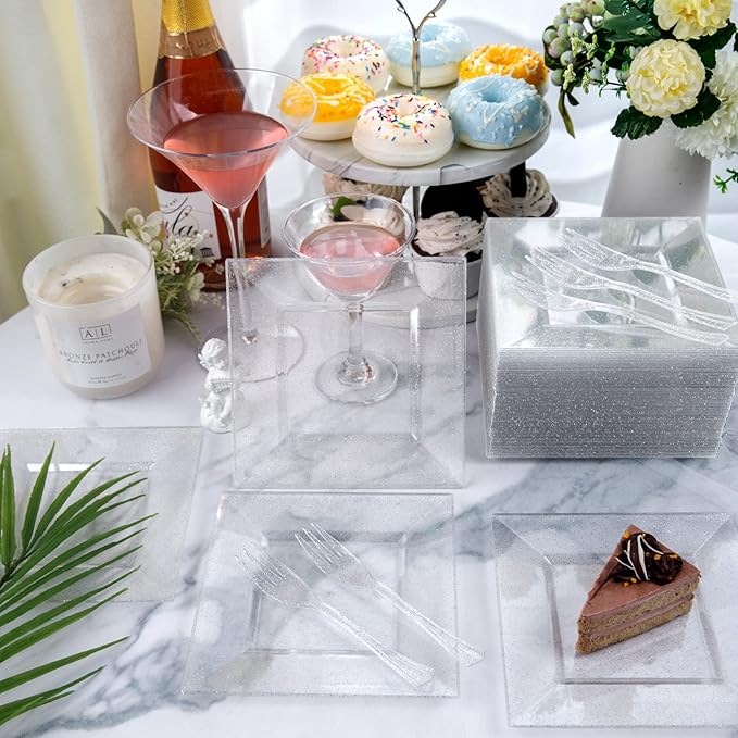 DaYammi 200Pcs Dessert Plates Set Including:100Pcs Cake Plates 6" with 100Pcs Silver Forks 5.7"- Silver Glitter Disposable Square Plate,Appetizer Plates and Forks Combo Bulk Set for Party Wedding