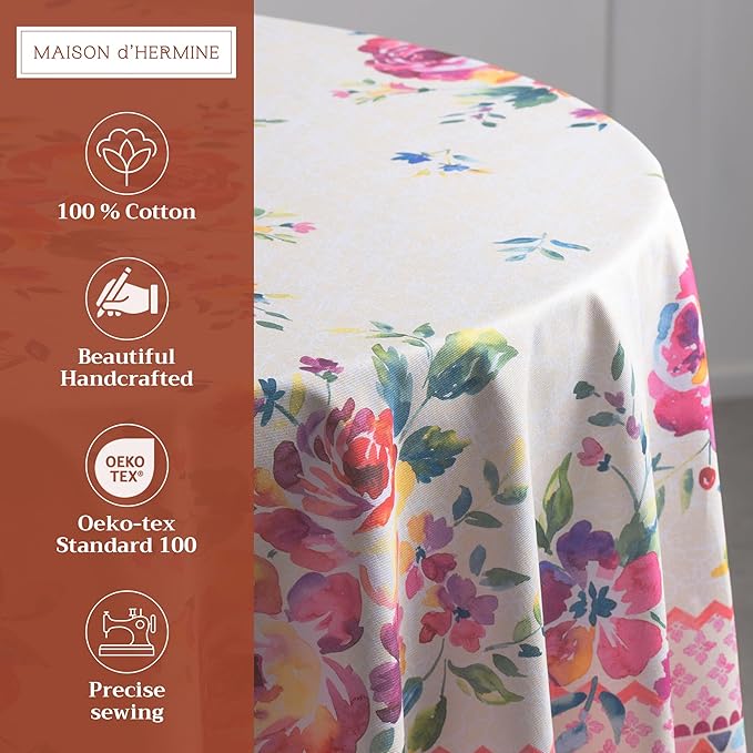 Maison d' Hermine Table Cloth Round Table 100% Cotton 69 Round Inches Tablecloth Reusable Decorative for Dining Room Farmhouse Home Valentines Day Decorations Spring Summer - Rose Garden