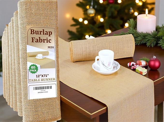 MDS® Pack of 5 Natural Burlap Table Runner, 12 x 72 Inch, Jute Vintage Rustic by MDS