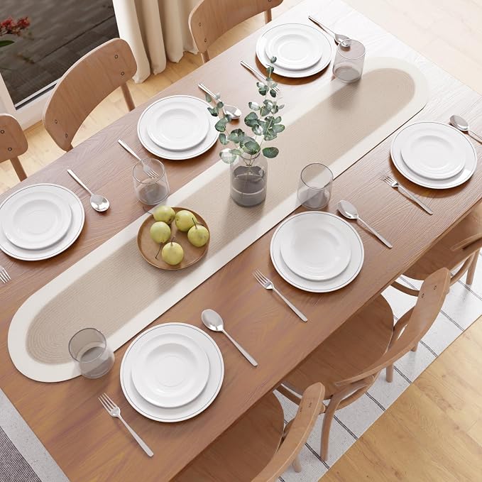 Encasa XO Dining Table Runner, Handmade Ribbed Cotton 12"x54" Beige & Off White by EncasaXO