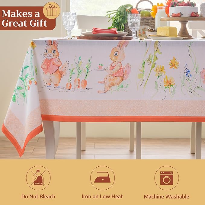 Maison d' Hermine Table Cloth Rectangle Table 100% Cotton 70 x 90 Inches Tablecloth Reusable Decorative for Dining Room Farmhouse Home Valentines Day Decorations Spring Summer - Bunny Party