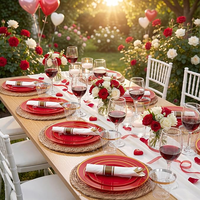 175 Pieces Red Plastic Plates with Gold Rim Include Dinner Plate 10”, Dessert Plate 7”, gold Cups 9 OZ, Pre Rolled Napkins 25 of each type for Party Valentine's Day