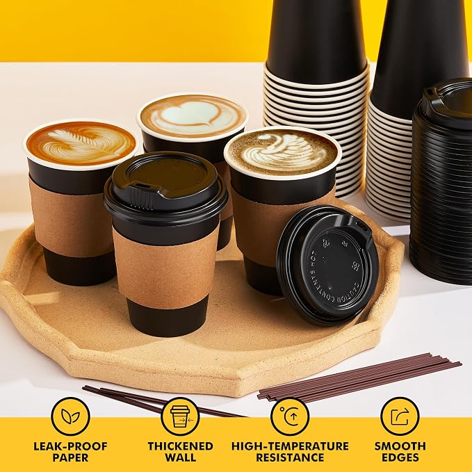 RACETOP Coffee Cups with Lids 12 oz 100 Pack, Thick Paper, Leak-Proof Lids & - Image 7