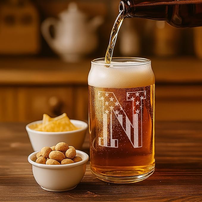 Monogram Beer Glasses for Men (A-Z) 16 oz - Beer Gifts for Men Brother Son Dad Neighbor - Unique Gifts for Him - Personalized Drinking Gift Beer Glass Mugs - Engraved Beer Can Glass (N)