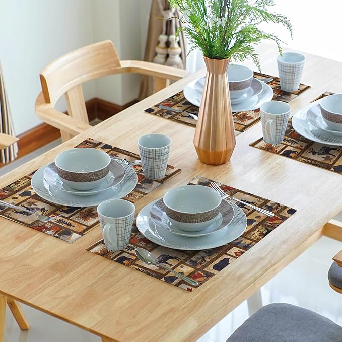 Rustic Bear Deer Place Mats - Vintage Cabin Moose Placemats Set of 4 Forest Animal Wildlife Table Mats Lodge Pine Cone Tablemats 12x18 for Dining Kitchen Farmhouse