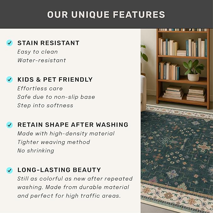 Dark Green Oushak Living Room Rug 10x12 - Modern Vintage Boho Eclectic Floral Pastel, Washable Low Pile Non-Slip Extra Large Area Rugs for Dining Under Table Bedroom Lounge