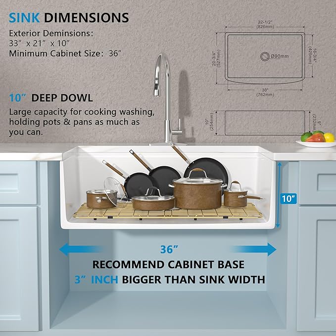 33"x21" White Farmhouse Sink Workstation - Curved Apron Front with Slide Ledge White Ceramic Porcelain Fireclay Single Bowl Luxury Farm Kitchen Sink Basin