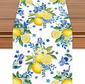 Lemon and Blue Floral Table Runner, 48 x 13 inches | Linen Texture Fabric by Unknown