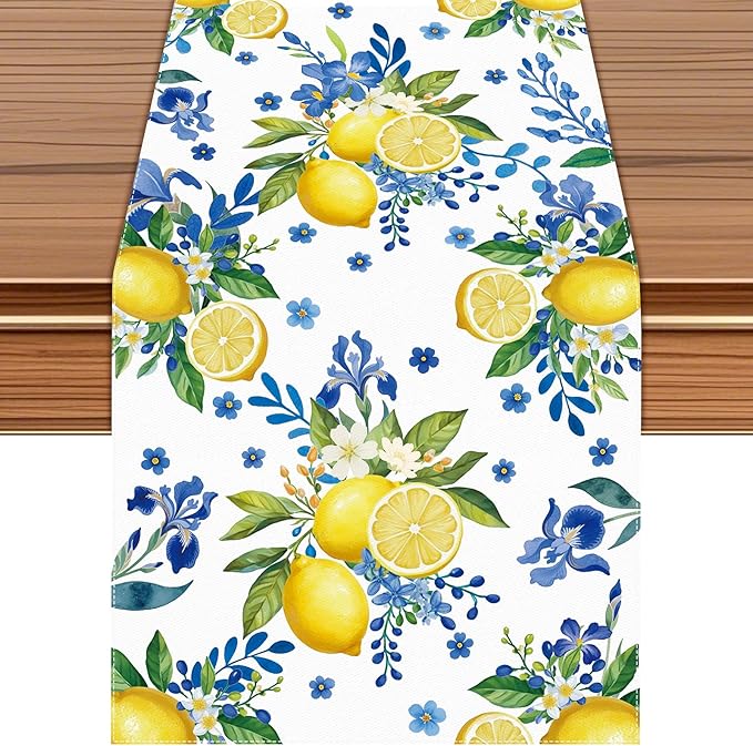 Lemon and Blue Floral Table Runner | Linen Texture Fabric, Easy Care Machine by Unknown
