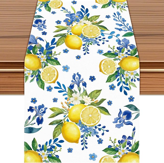 Lemon and Blue Floral Table Runner, 90 x 13 inches, Easy Care Machine Washable by Unknown