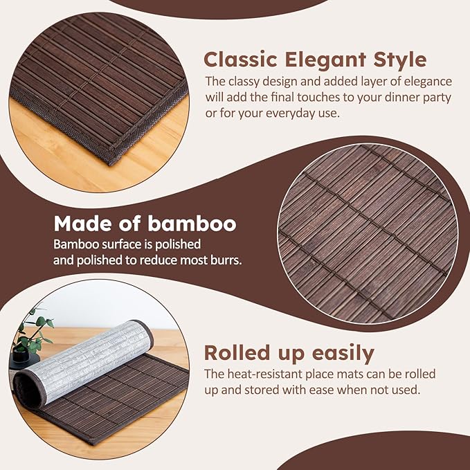 Bamboo Placemats Set of 4 Rectangular Natural Bamboo Table Mats for Dining Kitchen Table Protection Heat Resistant 17.7" W x 11.8" L Dark Brown