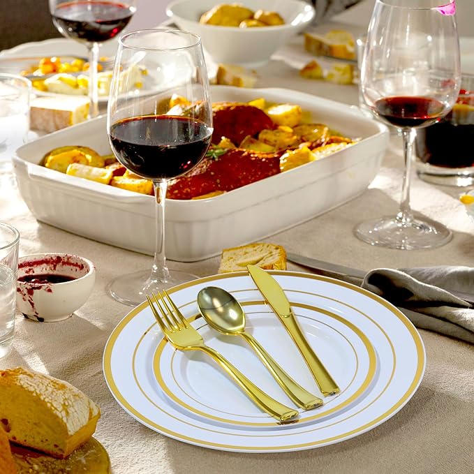 100 PCS Gold Plastic Plates, White and Gold Plastic Plates Include 50 Dinner Plate and 50 Dessert Plate Perfect for Holiday, Party & Wedding