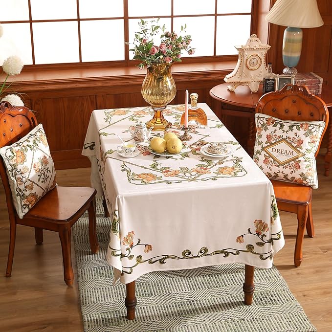 patdrea Designer Vintage Linen Rectangle Tablecloth,French Floral Tablecloths,Wrinkle Free Table Cloth,Decorative Table Cover Cloth for Kitchen,Dining,Tea Party,Home,Christmas,63"*110"