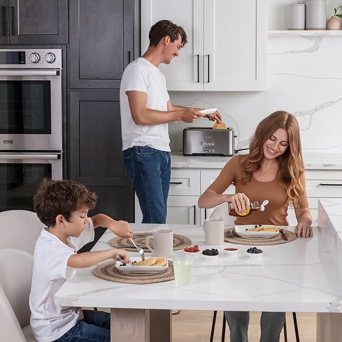 8 Inch Appetizer Plates Set with Dipping Cups for Serving, Desserts, Salads – Chip-Resistant, Porcelain, Rectangular Dinner Plates – Free of Plastic & Lead – 6 Small, White Dinner Plates & Cups
