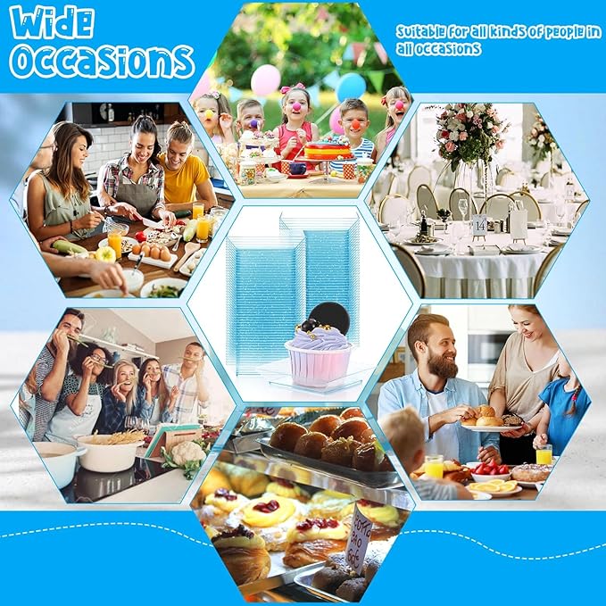 Zhehao 100 Pcs Plastic Dessert Appetizer Plates Disposable, 3.6 x 3.6 Inch Small Square Plastic Dessert Cake Plate for Party, Valentine's Day Wedding Birthday Bridal Baby Shower Supplies (Blue Clear)