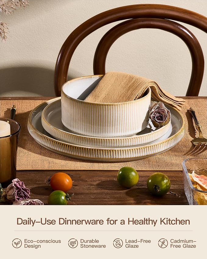 Stoneware Dinnerware Set for 4, Cappuccino White Dishes | 12 pcs Ceramic Plates - Image 5