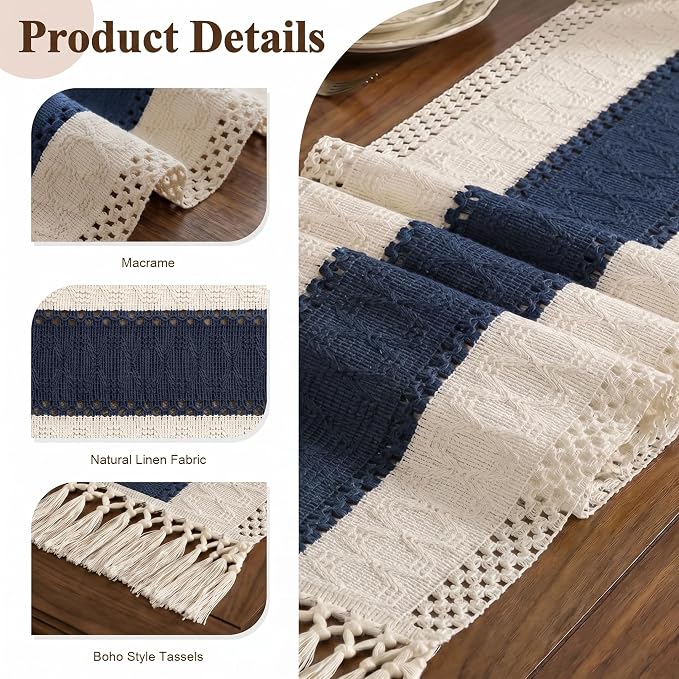 Boho Macrame Table Runner with Tassels 72in Blue Farmhouse Runner | Macrame - Image 2