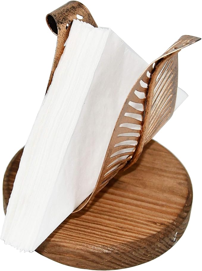 OwlGift Freestanding Modern Napkin Holder w/Bronze Metal Leaf & Brown Wooden Base Design, Tabletop Tissue Dispenser, Napkin Storage Organizer