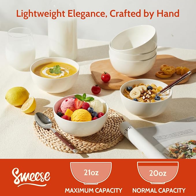 Sweese Porcelain Bowls Set of 6, 20oz Lightweight Round Cereal Bowls Set - Image 3