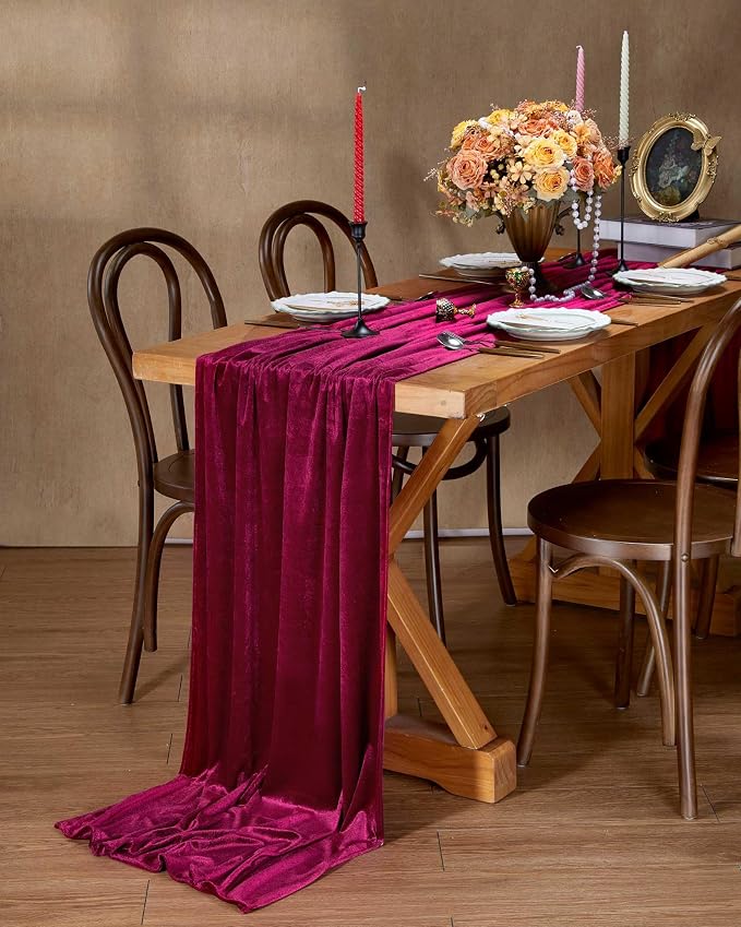 Burgundy Velvet Table Runner 29x120 Inch Luxury Retro Christmas Runners | 10ft - Image 6