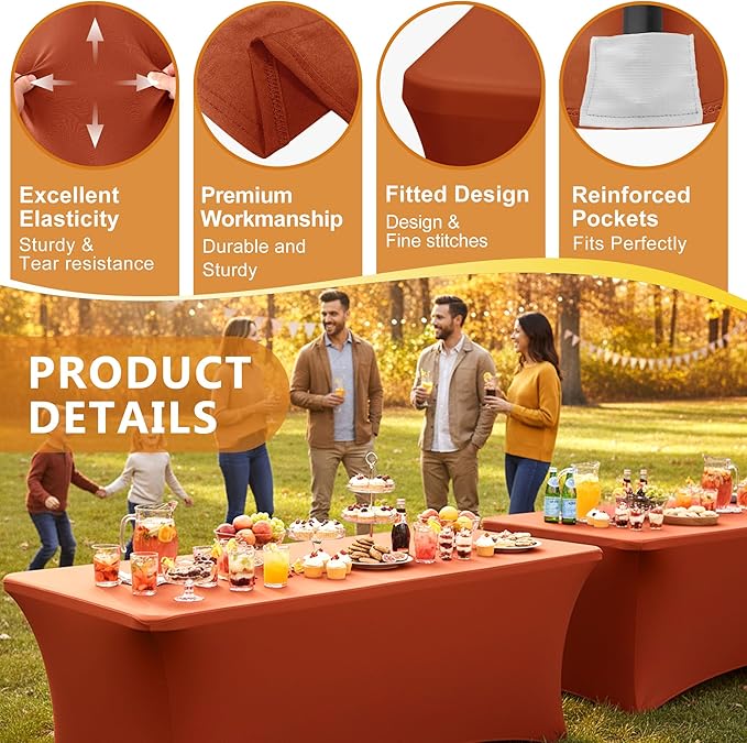 Table Cover for 6 Foot Rectangle Tables-6 Pack Rust Thanksgiving Fitted Stretch Tablecloth-Spandex 6ft Fall Tablecloths for Party, Vendor Booth Display, Banquet Buffet, Craft Trade Show