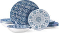 Bestone Porcelain Dinnerware Sets Service for 4, 12 pcs Hand drawn Plates and Bowls Sets, Handmade Ceramic Dish Set, Chip Resistant Modern Plate Set, Dishwasher/Microwave Safe，Vintage Blue