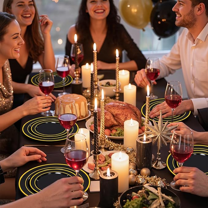 350 Pieces Black and Gold Plastic Plates with Disposable Silverware, Include 50 Dinner Plates 9”, 50 Dessert Plates 6.3”, 50 Black Cups 9 OZ, 50 Pre Rolled Napkins for Birthday Weddding Party