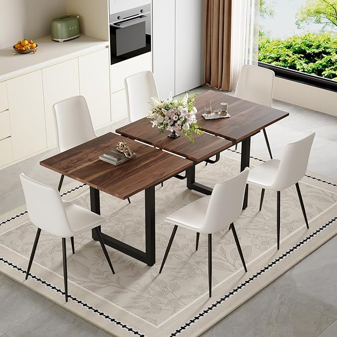 Extendable Dining Table Set for 6, 55"–71" Modern Wood Kitchen Table with 6 Upholstered Chairs, Space-Saving for Living Room Apartment, Sturdy & Comfortable, Easy Assembly