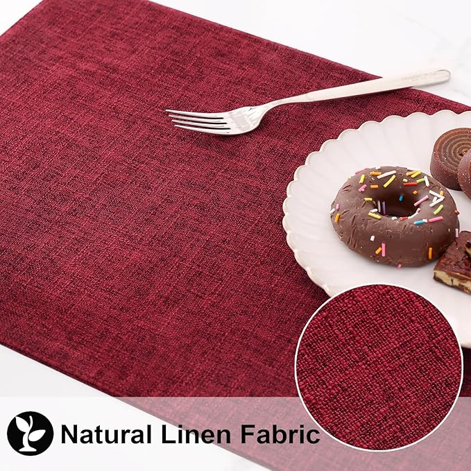 homing Cotton Linen Placemats Set of 6, Cloth Washable Farmhouse Dining Table Mats for Indoors & Outdoors, Easy to Clean, Red, 13 x 19 Inch