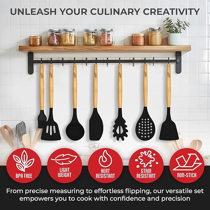 Kaluns Silicone Kitchen Utensils Set, Premium Non Stick Cooking Utensils Set - 21 Pcs Wooden Handle Silicone Spatula Set 446°F Heat Resistant - Kitchen Gadgets Home Essentials