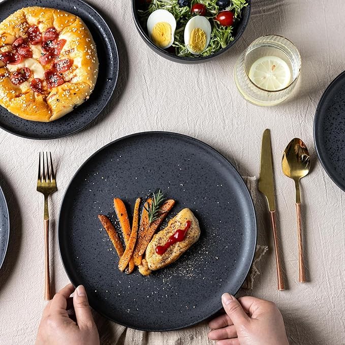 AmorArc Ceramic Dinnerware Sets, Wavy Rim Stoneware Plates and Bowls Sets,Dishwasher & Microwave & Oven Safe Dishes set, Service for 6 (24pc)-Charcoal Matte