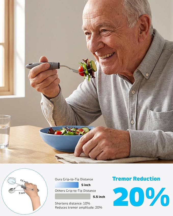 4-Piece Adaptive Utensils Set with Rocker Knife & Shovel Spoon - 42° Angled Parkinsons Utensils, 2.5 oz Weighted Silverware for Hand Tremors and Arthritis, Adaptive Eating Utensils (Grey Left-Handed)