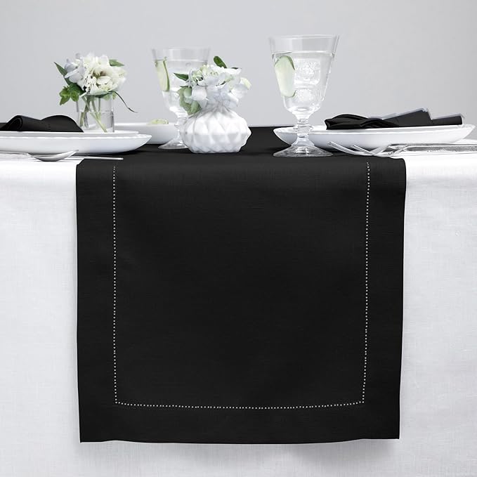 Solino Home Linen Black Table Runner 36 Inches - Classic Hemstitch, 100% Pure Linen Coffee Table Runner 14 x 36 Inch Ideal for Dresser Tables - Winter, Spring, Easter