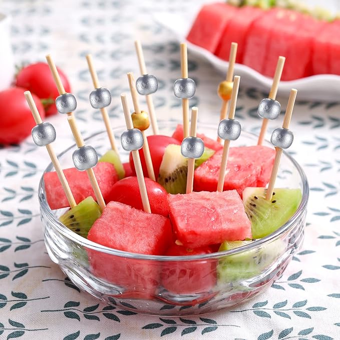 200 Pcs Cocktail Picks, 4.7 Inch Toothpicks for Appetizers, Bamboo Cocktail Sticks Skewers for Drinks, Desserts, Charcuterie, Wedding Party Fancy Toothpicks, Silver Pearl Mini Food Picks Decorative