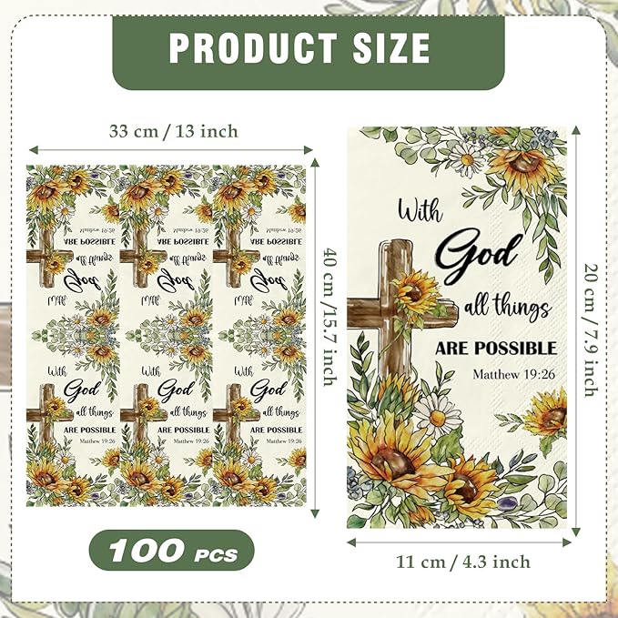 Sunflower Christian Paper Napkins - 100 Pcs Happy Easter Religious Dinner Decorative Disposable Party Decorations Sets for Decoupage Cross Guest Cocktail Table Supplies Decor Bulk 7.9 x 4.3 In