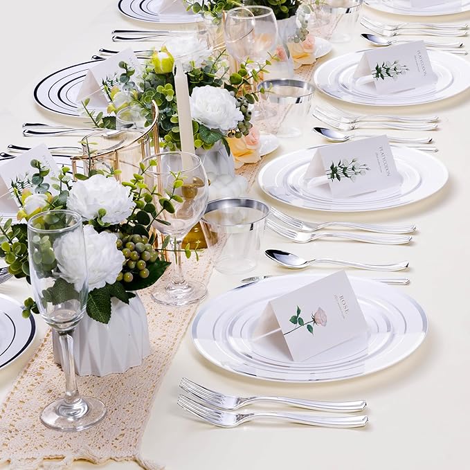 BESTSTAR 100PCS White Plastic Plates for Party, 10.25 Inch Disposable Plates with Silver Rim, Heavy Duty Dinner Plates for Christmas, Wedding and Birthday