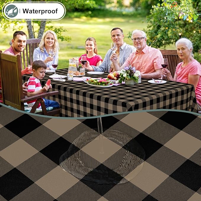 misaya Rectangle Waterproof Vinyl Table Cloth, Buffalo Flannel Backed Tablecloth, Wipeable Plastic Table Cover for Dinner, Kitchen, Outdoor (52" x 70", Black and Khaki)